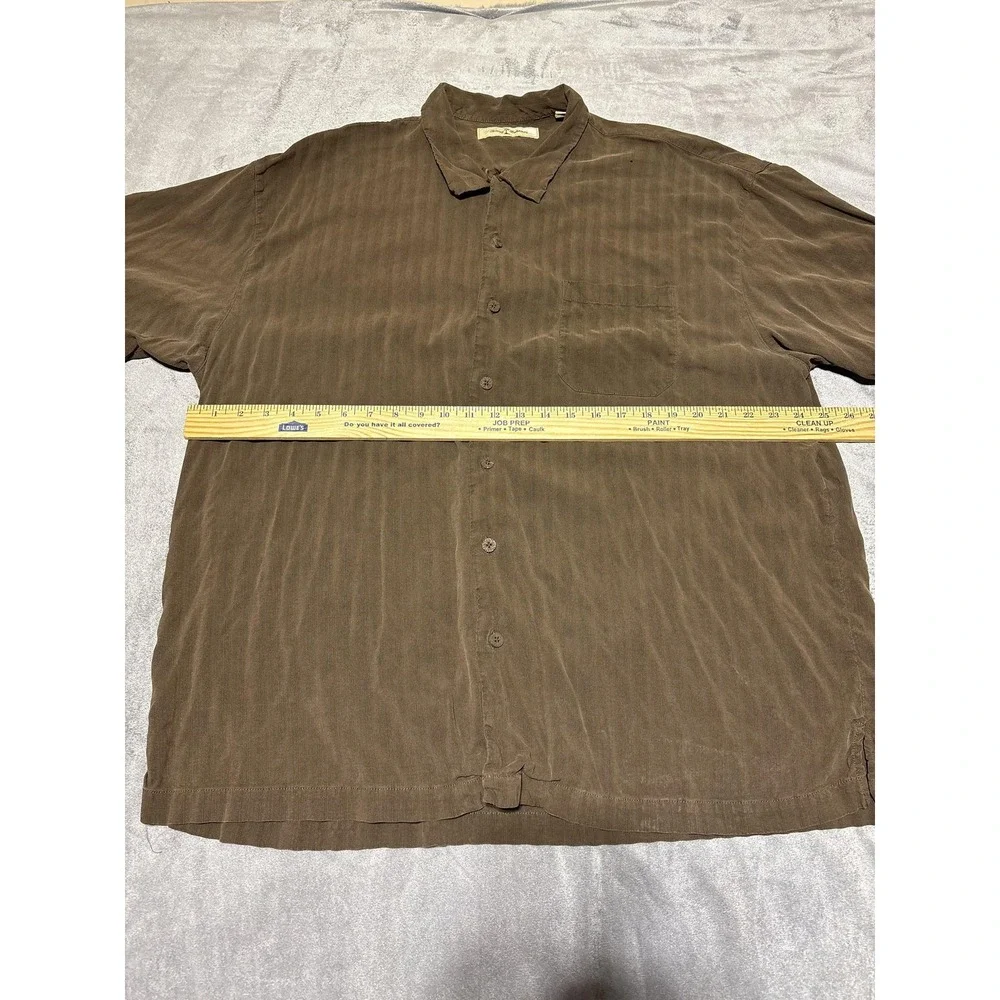 Tommy Bahama Shirt Mens XXL Brown Stripe Silk Short Sleeve Button Front Shirt - Picture 2 of 7
